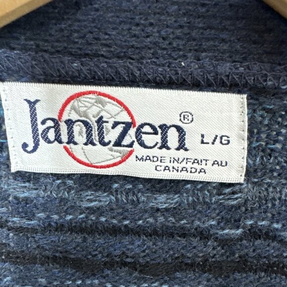 Vintage Jantzen Men L Sweater Knit Cardigan 80s Dad Cosby Grandad Blue Mohair V - Picture 2 of 7